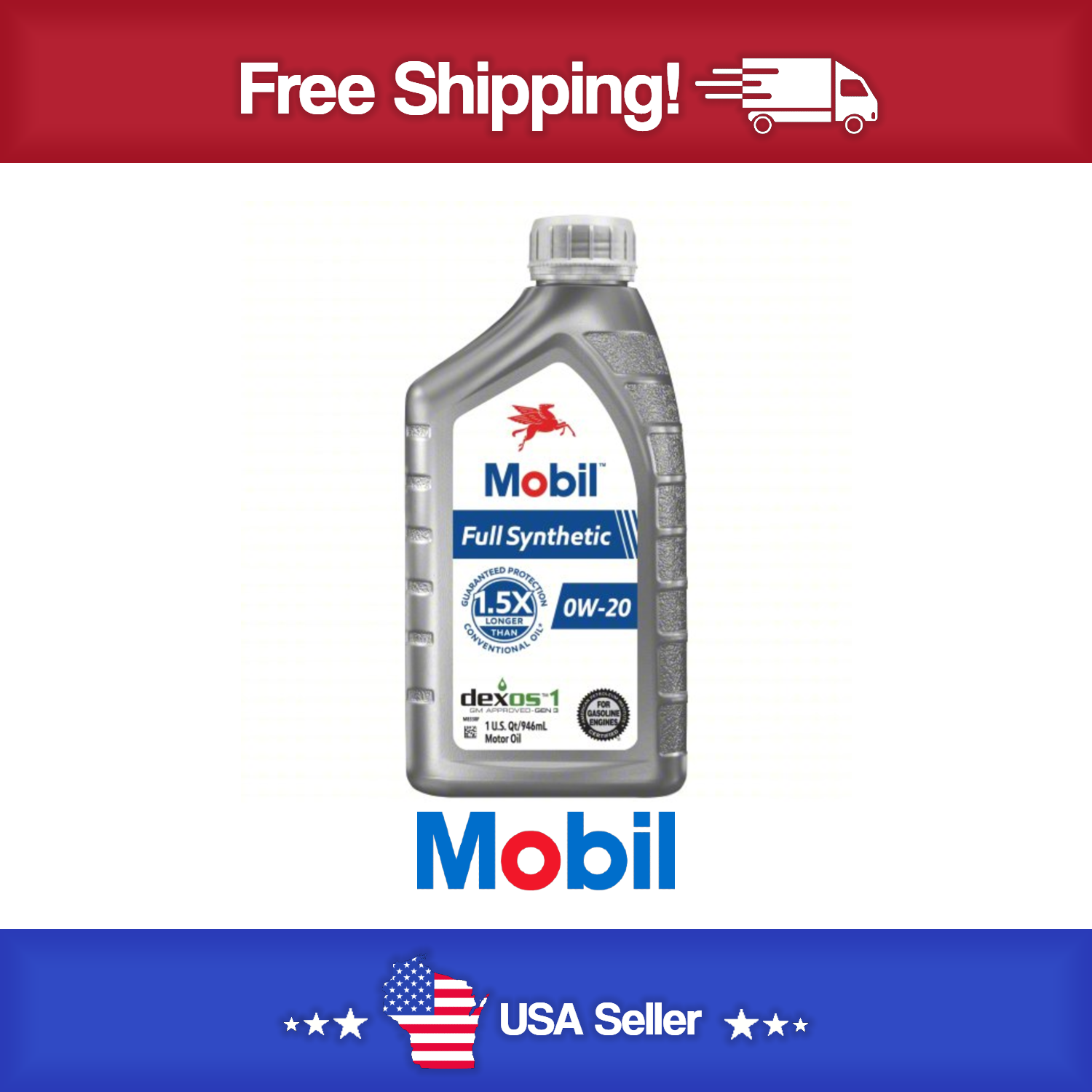 MOBIL Motor Oil: Synthetic,  1 qt Size, 0W-20, Full Synthetic,Dexos, Case Of 6 Quarts