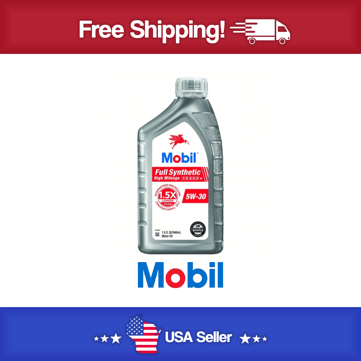 MOBIL Motor Oil: Synthetic, Biodegradable, 1 qt Size, 5W-30, Full Synthetic High Mileage