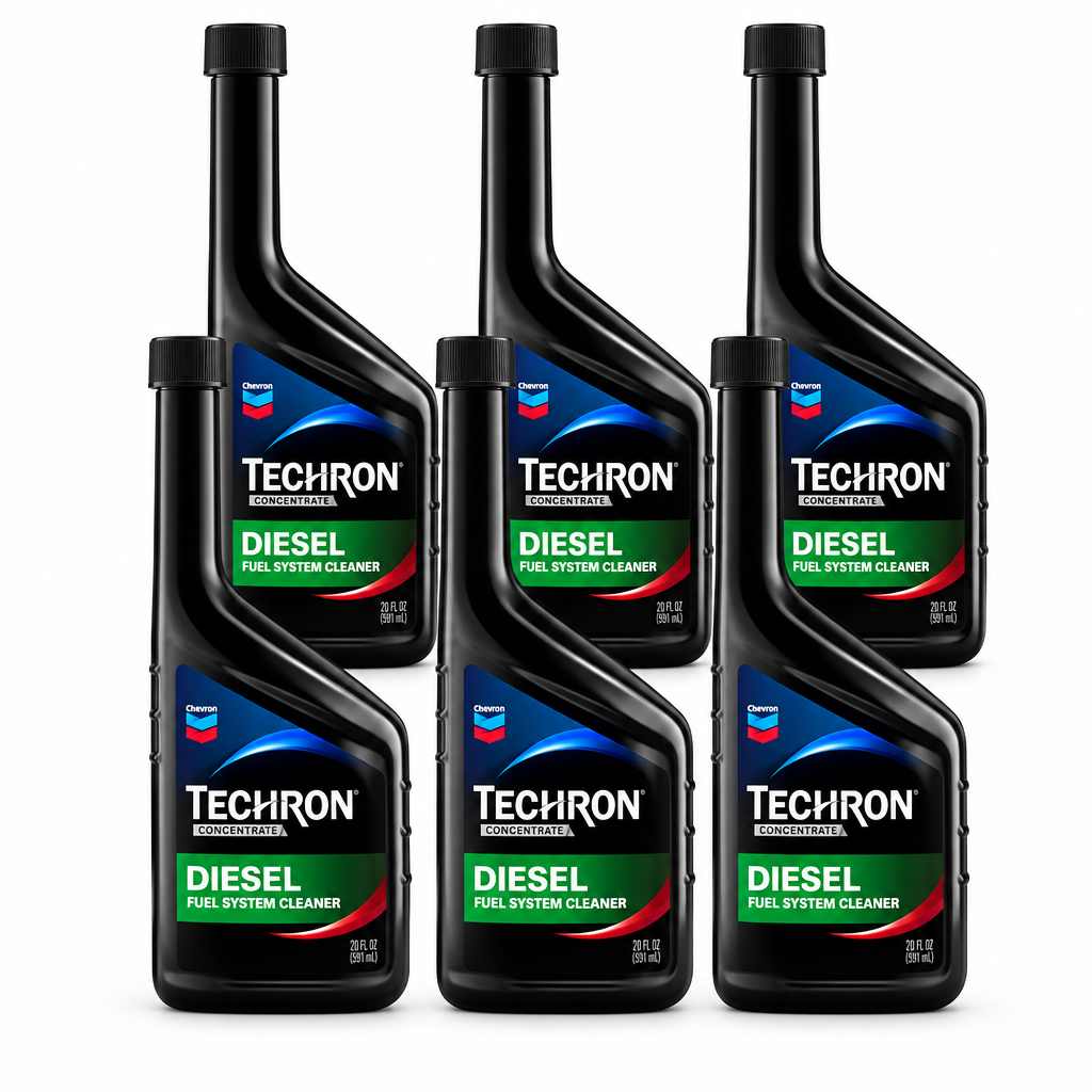 Case of 6 Techron D Concentrate Diesel Fuel System Cleaner 20 oz bottles on a white background