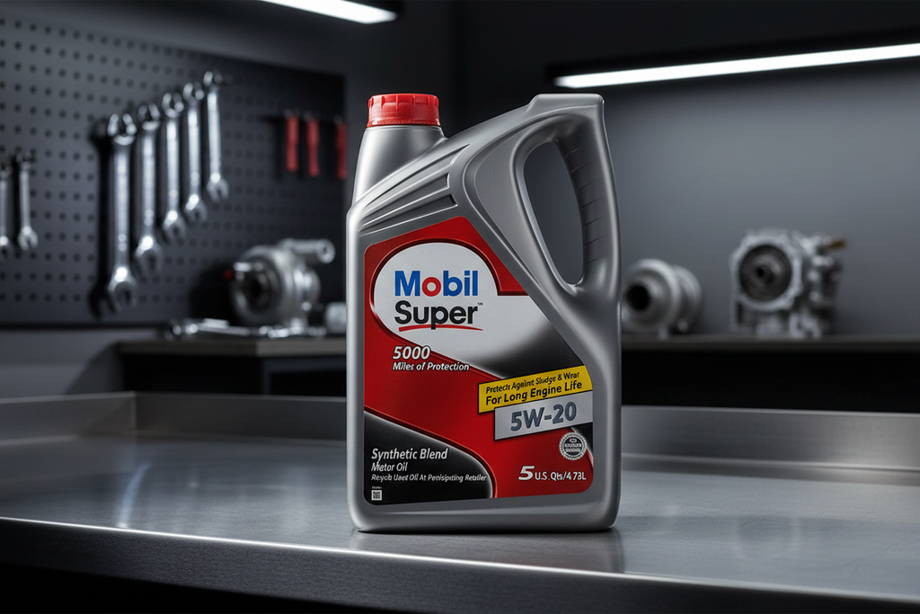 Mobil Super 5w-20 Motor Oil in Professional Garage Setting