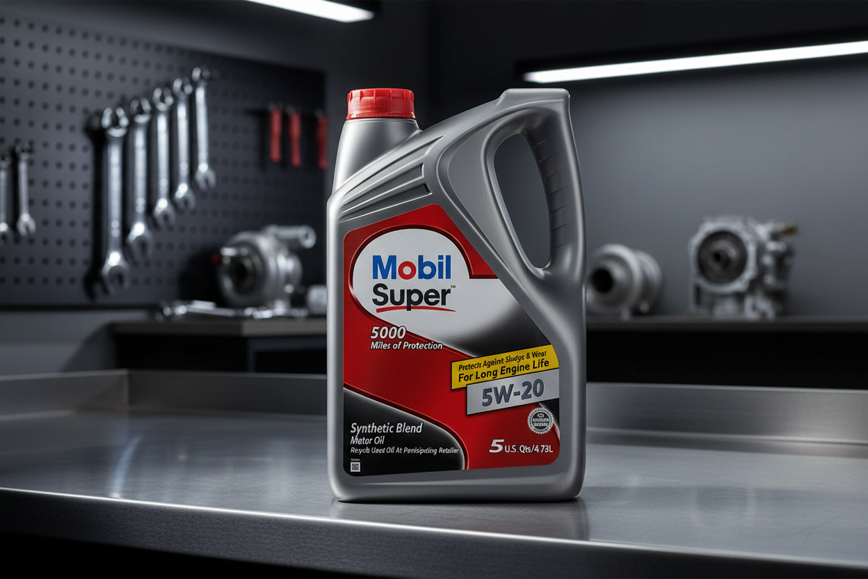 Mobil Super 5w-20 Motor Oil in Professional Garage Setting