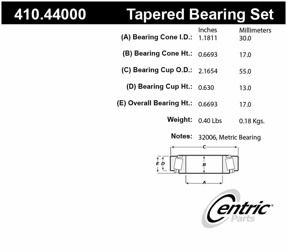 Rr Inner Bearing Set  Centric Parts  410.44000